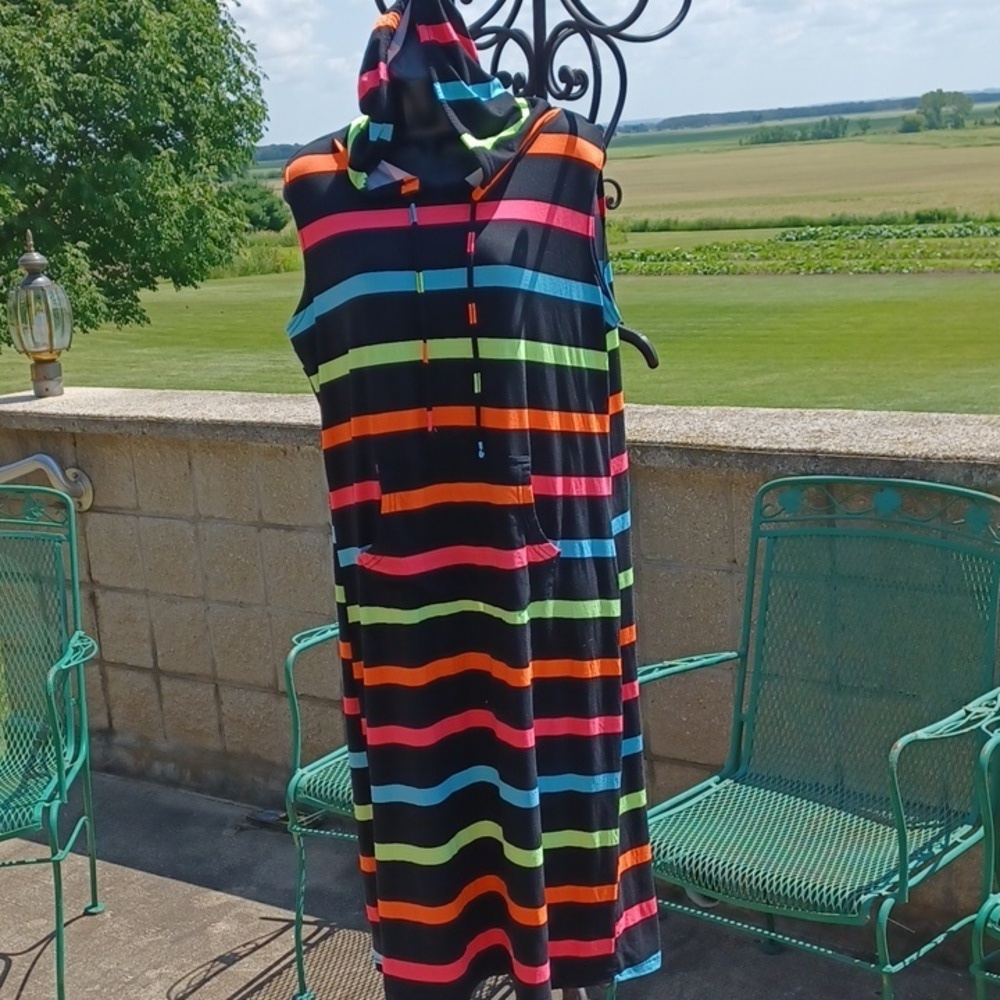 Bobbie Brooks Neon Color Striped Hoodie Dress Sz 1x, stretchy, 22" PTP, 45" Long
